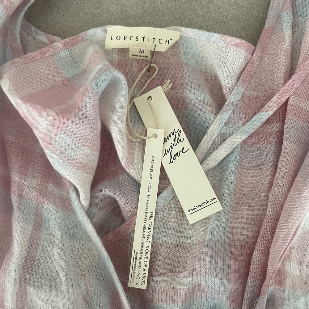 Lovestitch Pale Pink Blue Linen Halter Wrap Plaid Top Size Medium - Picture 5 of 8